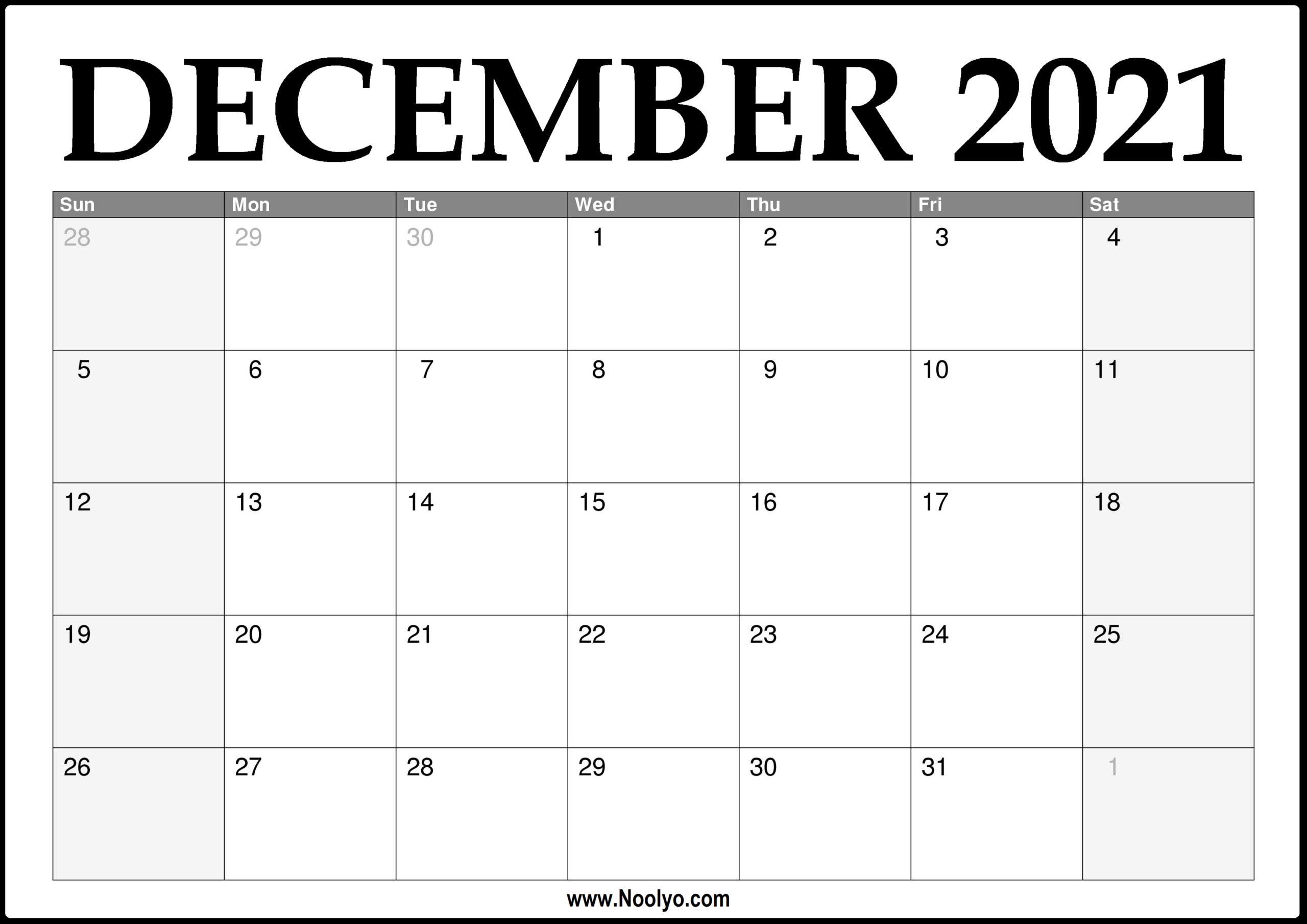 2021 December Calendar Printable - Download Free - Noolyo