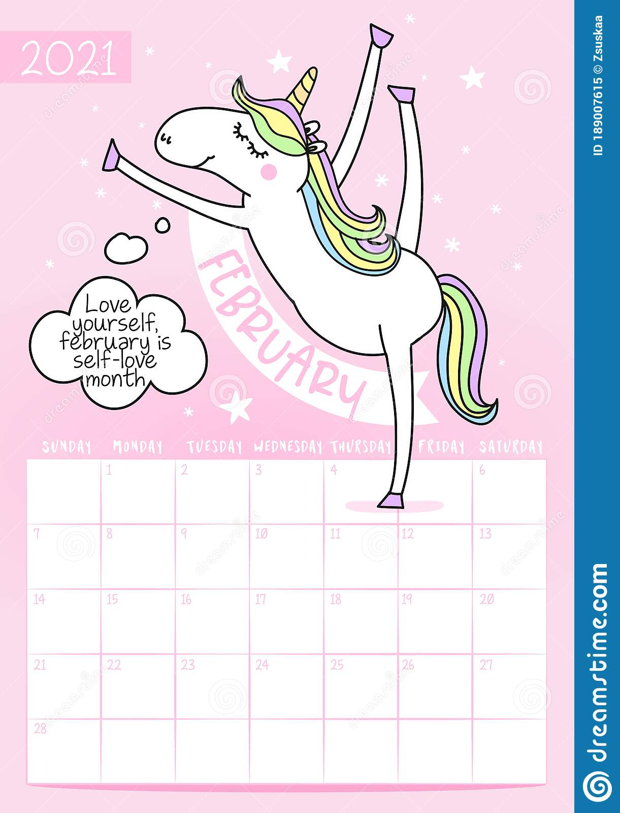 2021 February Calendar With Calligraphy Phrase And Unicorn Doodle Stock Vector - Illustration Of