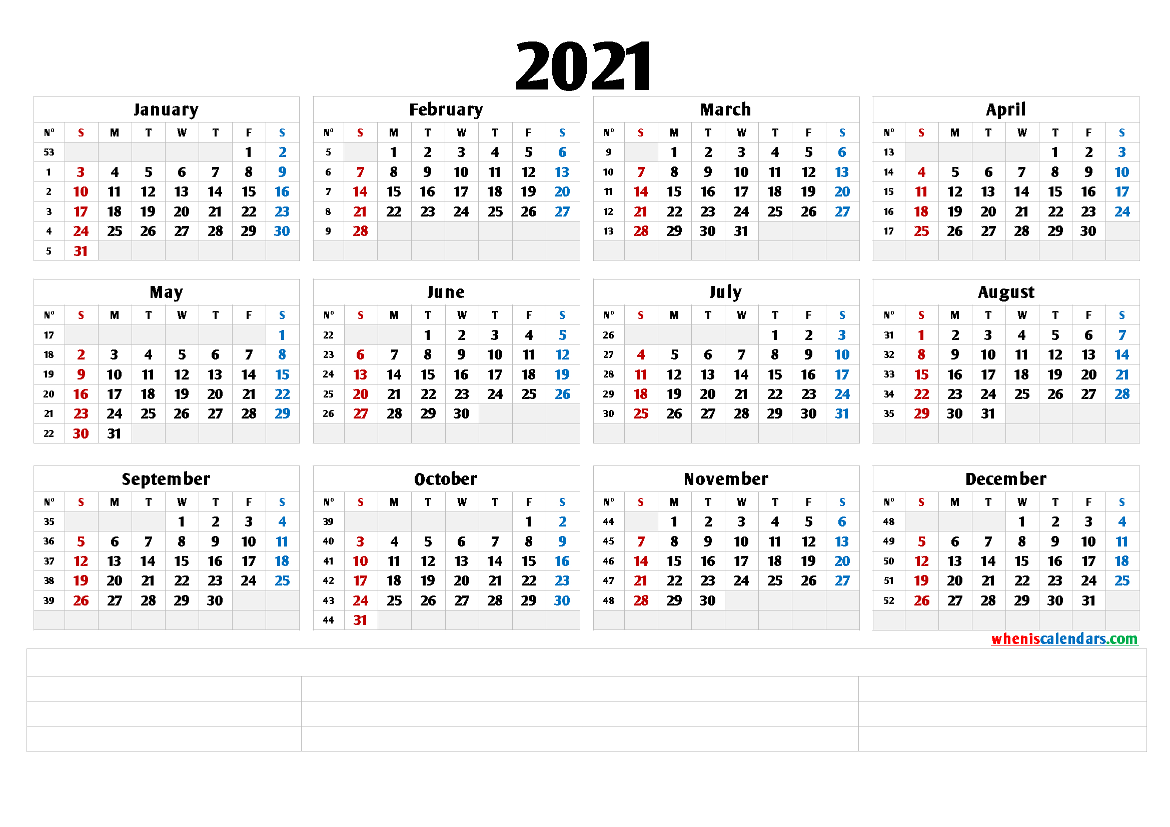 2021 Free Printable Yearly Calendar (6 Templates) - 2021