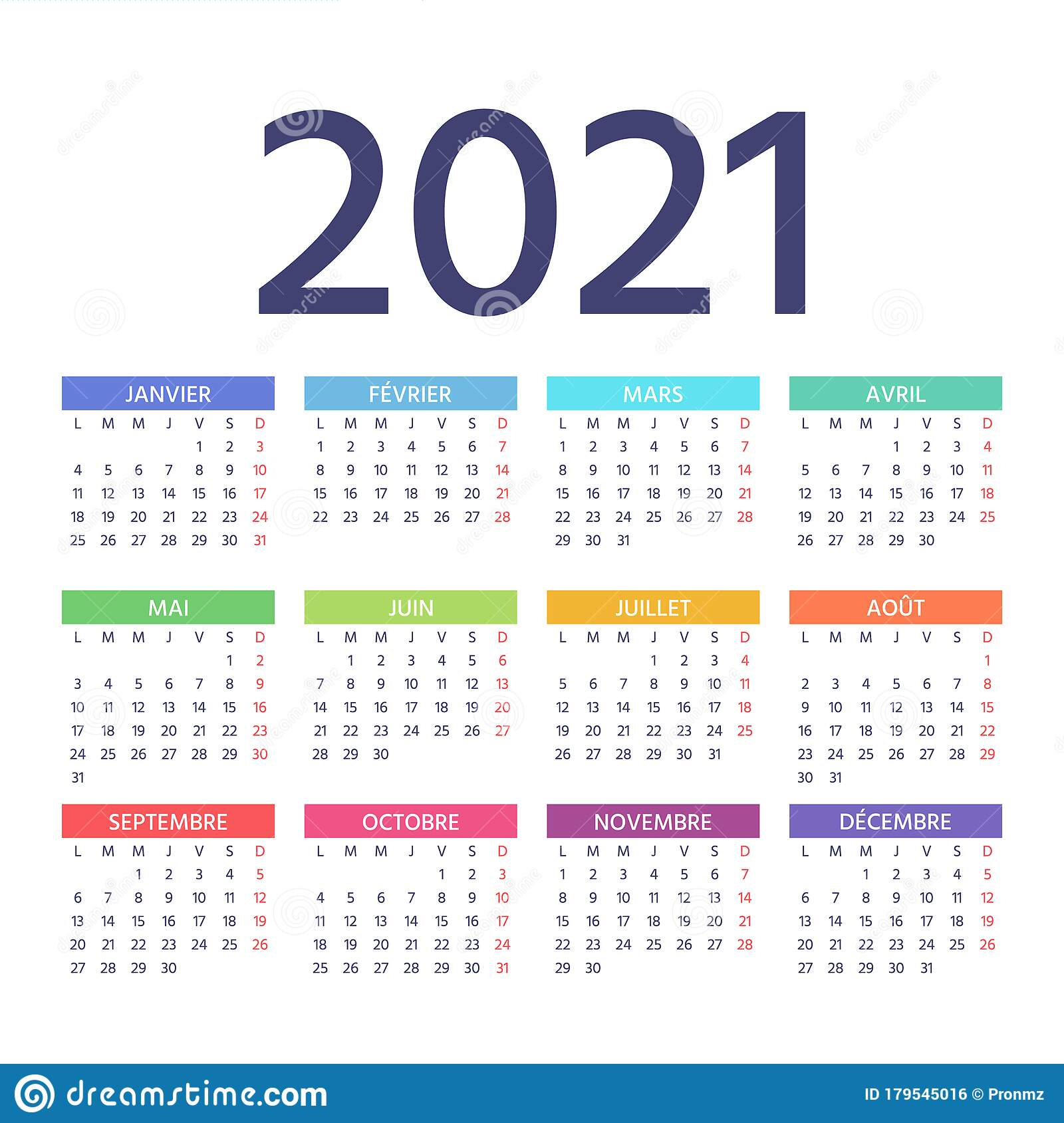 2021 French Calendar. Vector Illustration. Template Year