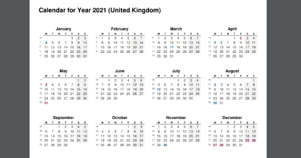 2021 Full Year Calendar With Uk Holidays - 2021 Calendar