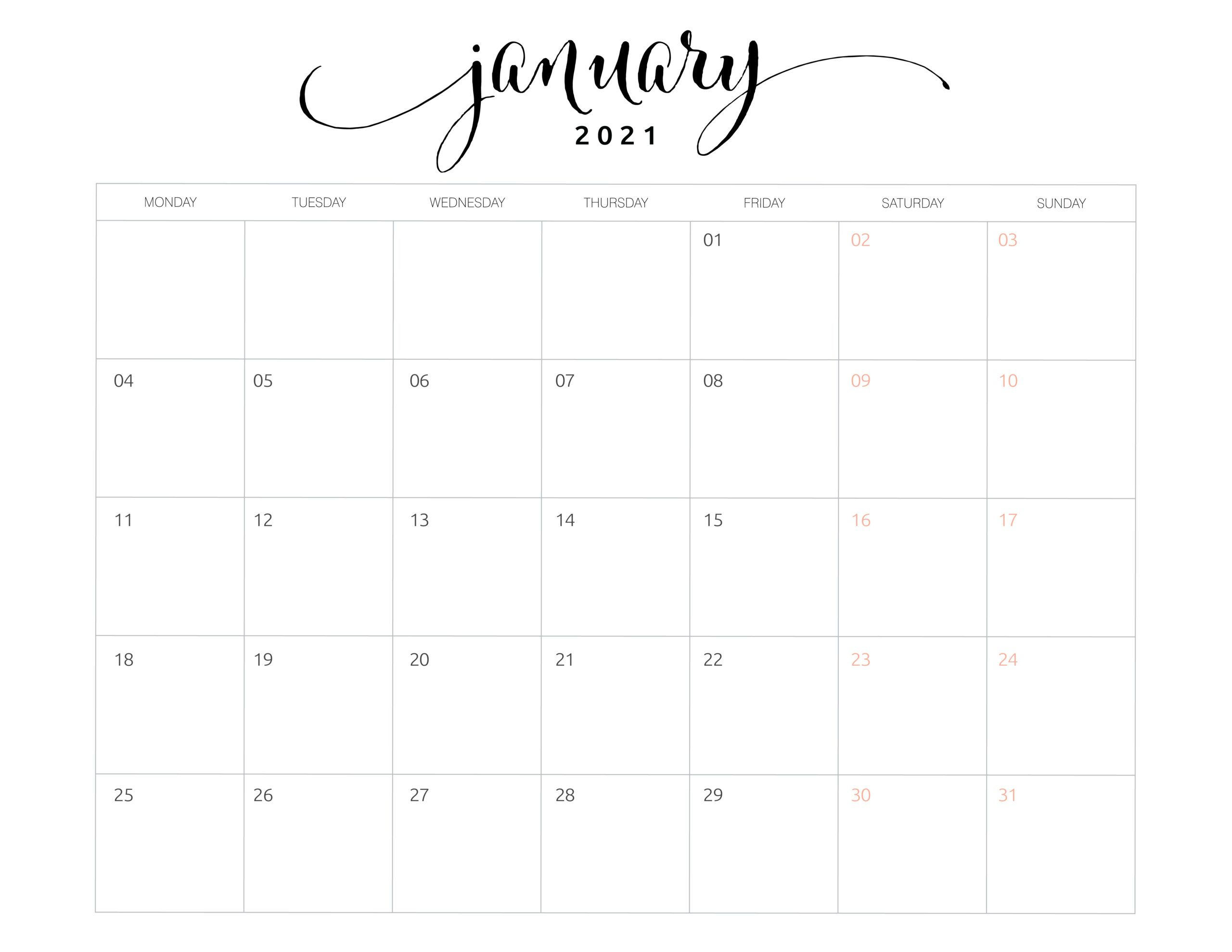2021 Monthly Calendar Monday Start - World Of Printables