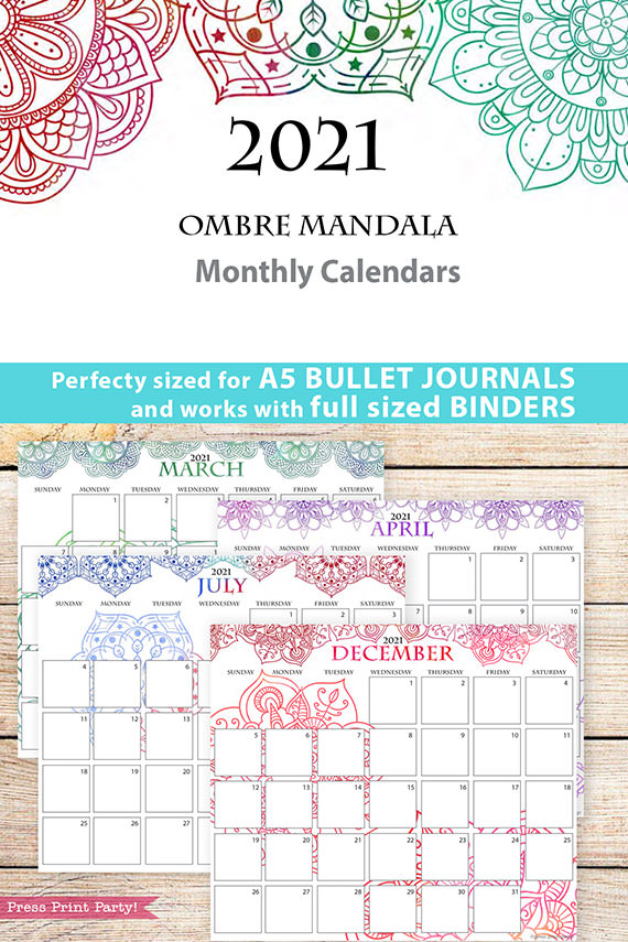 2021 Monthly Printable Calendar Watercolor Mandala