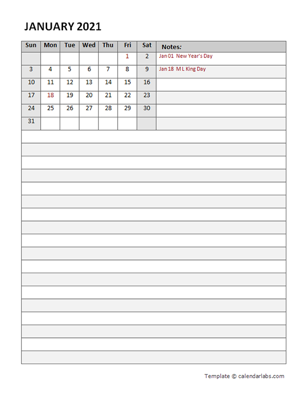 2021 Monthly Word Calendar Diary Template - Free Printable