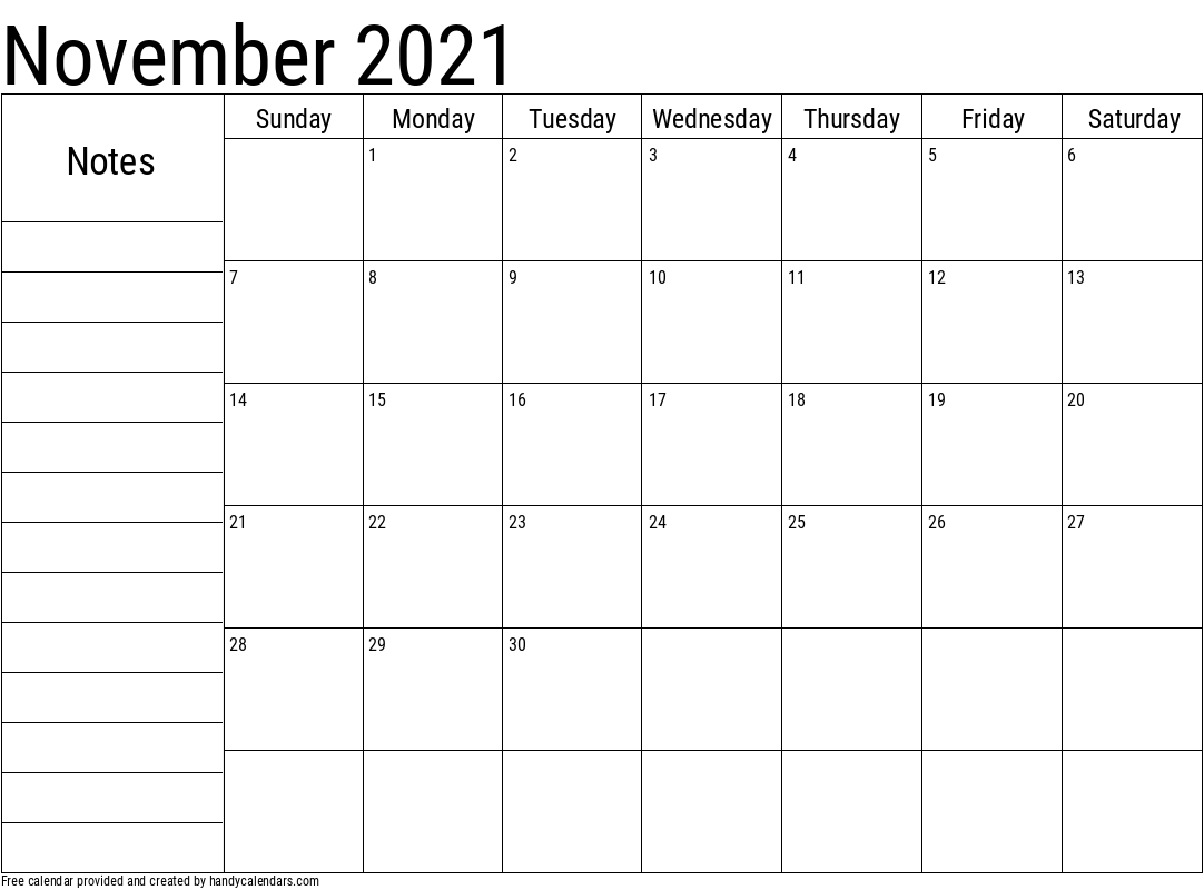 2021 November Calendars - Handy Calendars