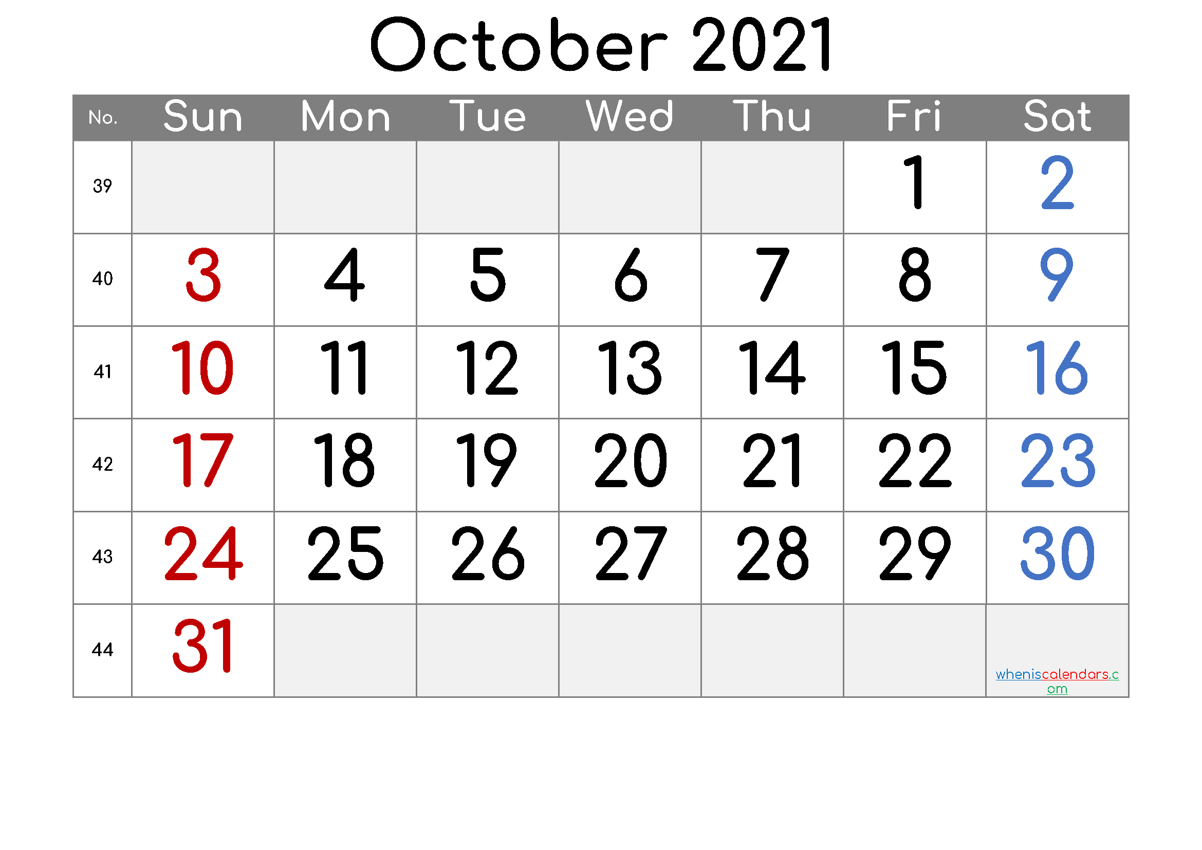 2021 October Free Printable Calendar - 6 Templates