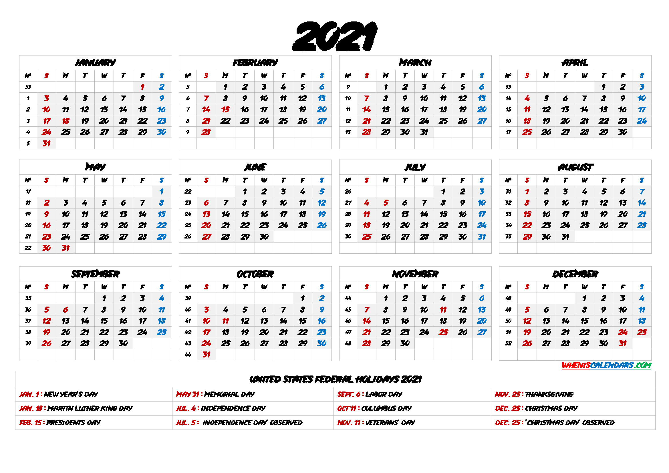 2021 One Page Calendar Printable - 6 Templates