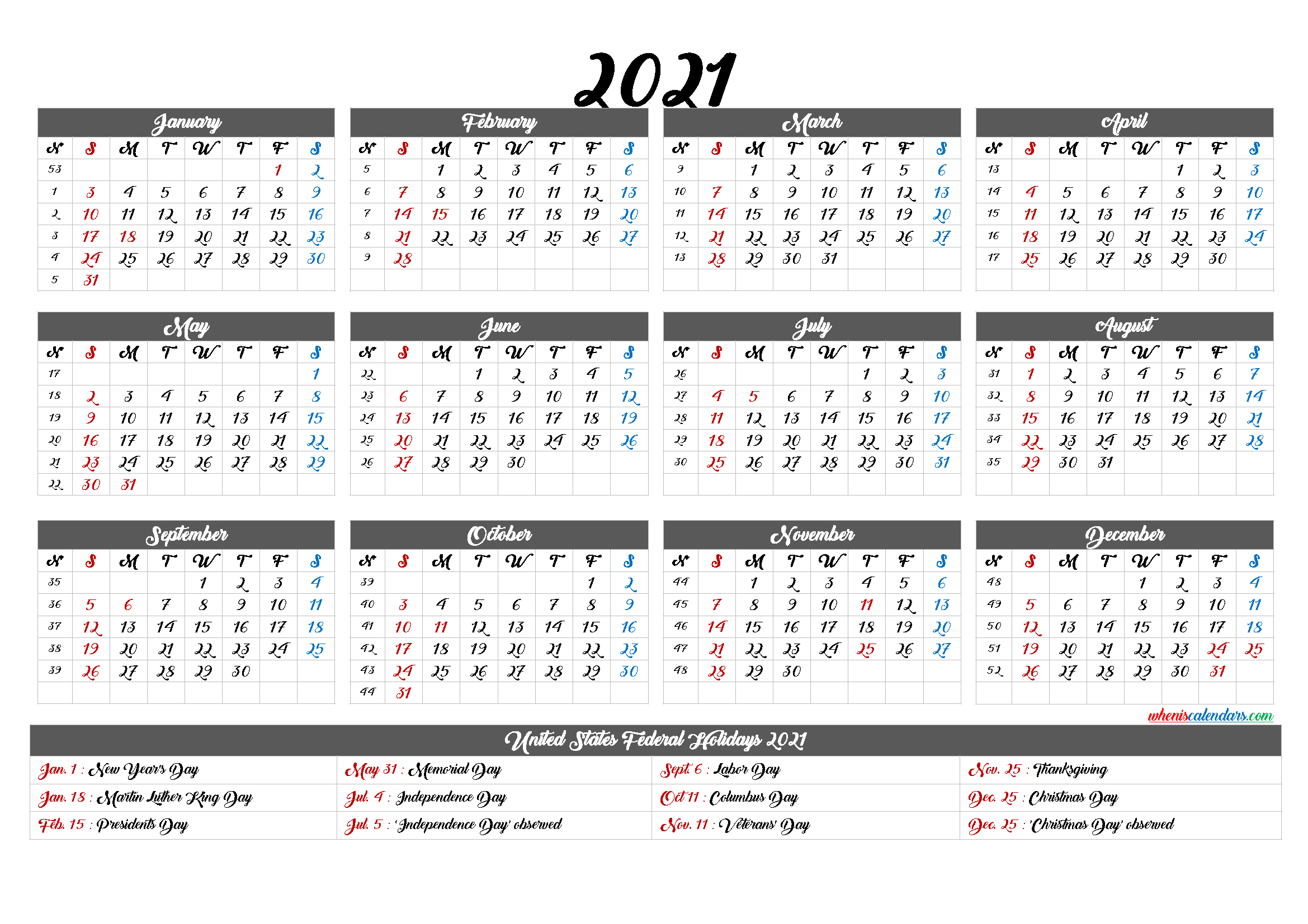 2021 One Page Calendar Printable - 9 Templates