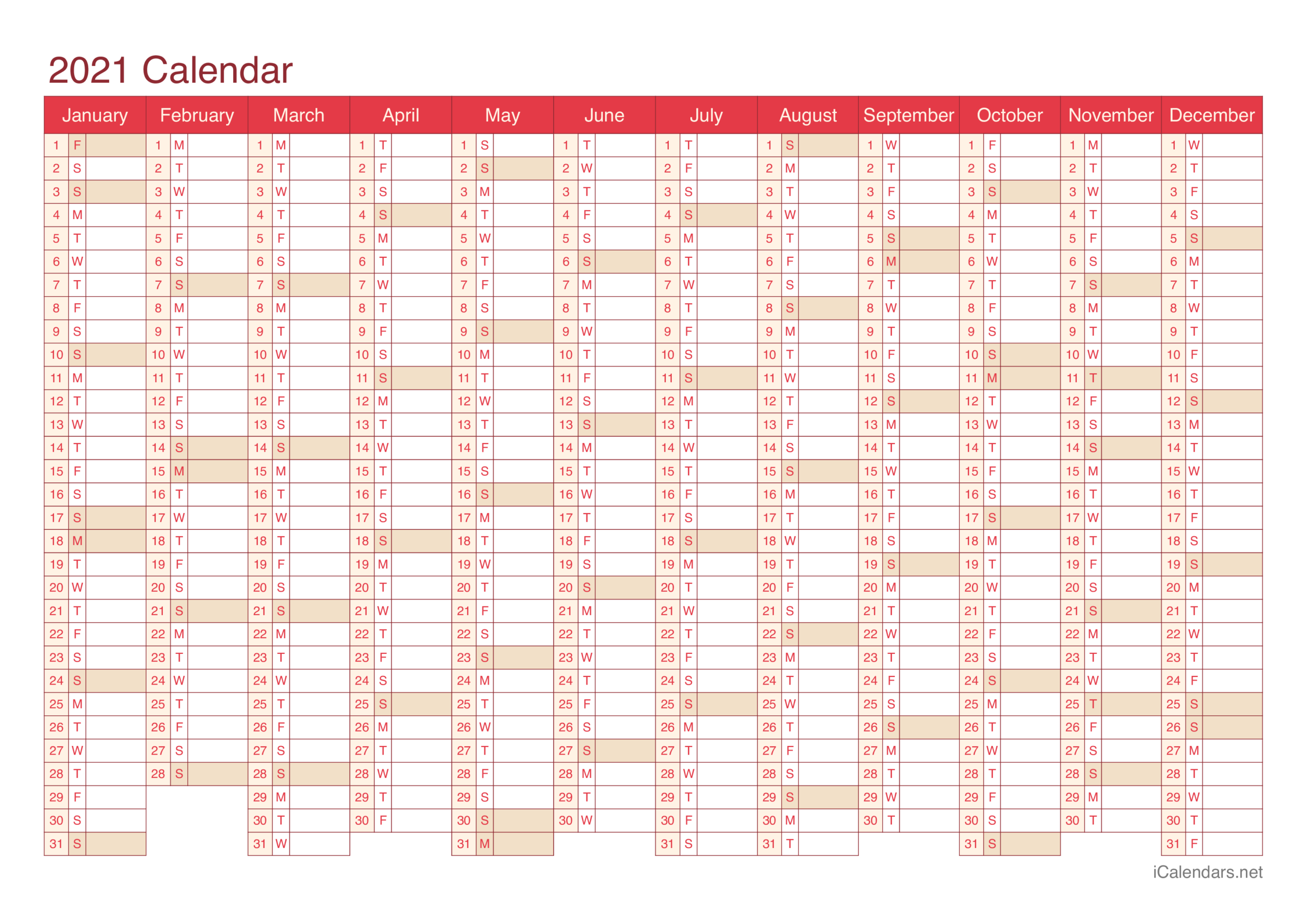 2021 Printable Calendar - Pdf Or Excel - Icalendars