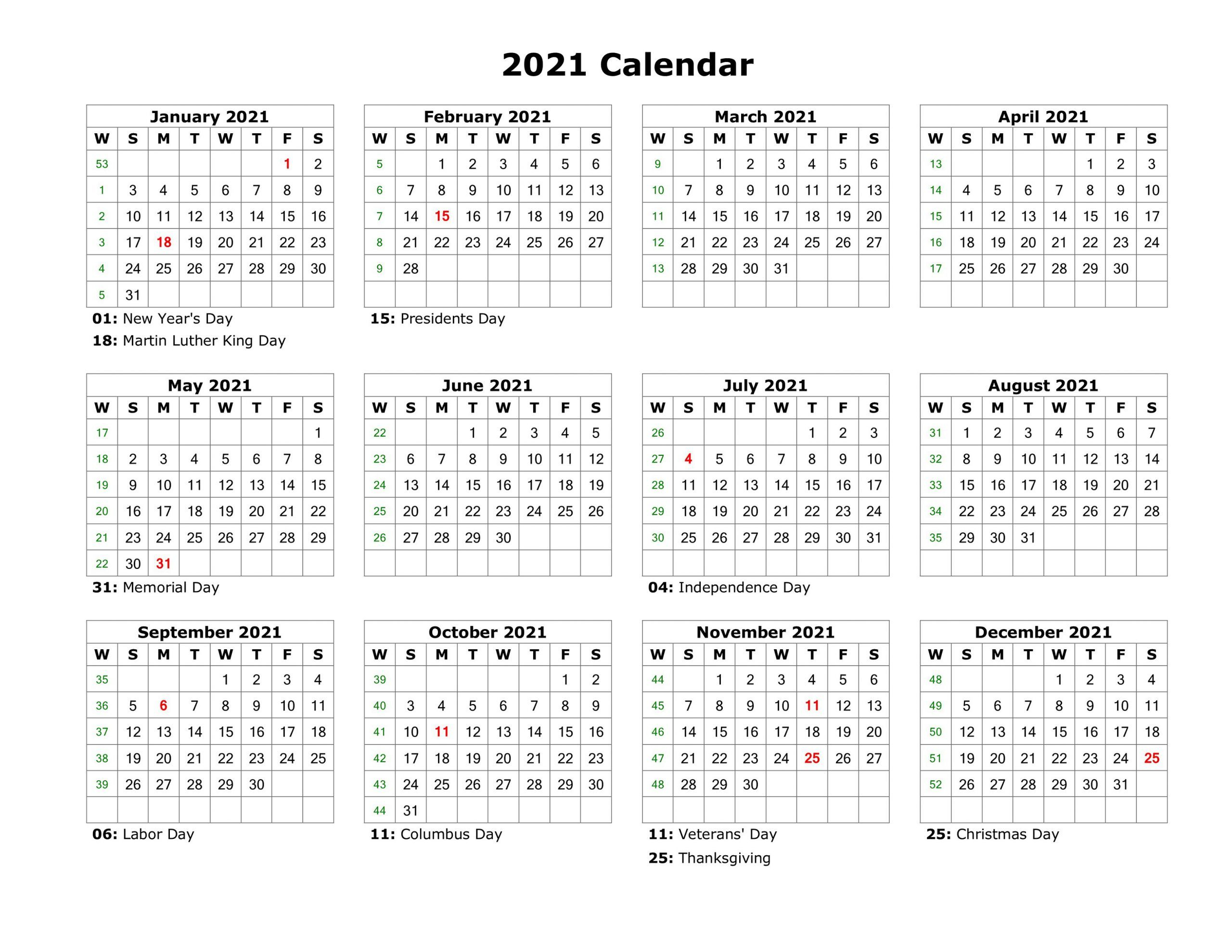 2021 Printable Calendar Templates - Yearly Work Planner