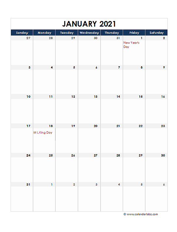 2021 Printable Calendar With Large Boxes - Free Printable