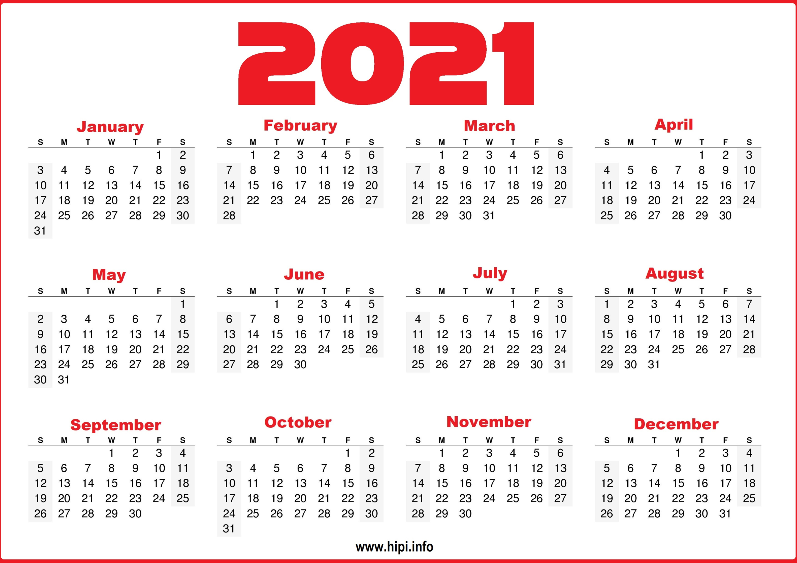 2021 Printable Yearly Calendar Free - Hipi