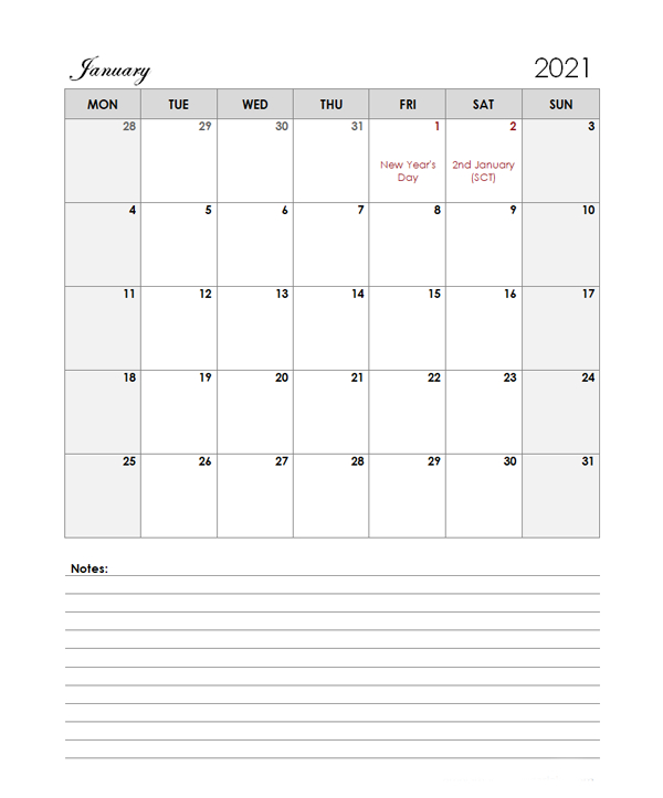 2021 Uk Calendar Template Large Boxes - Free Printable