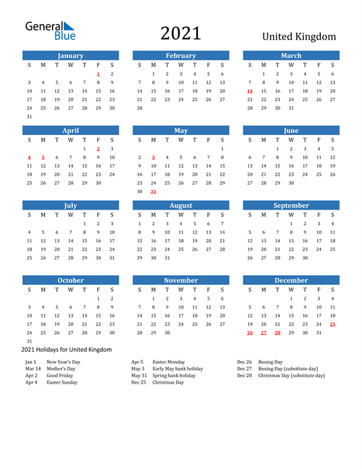 2021 United Kingdom Calendar With Holidays