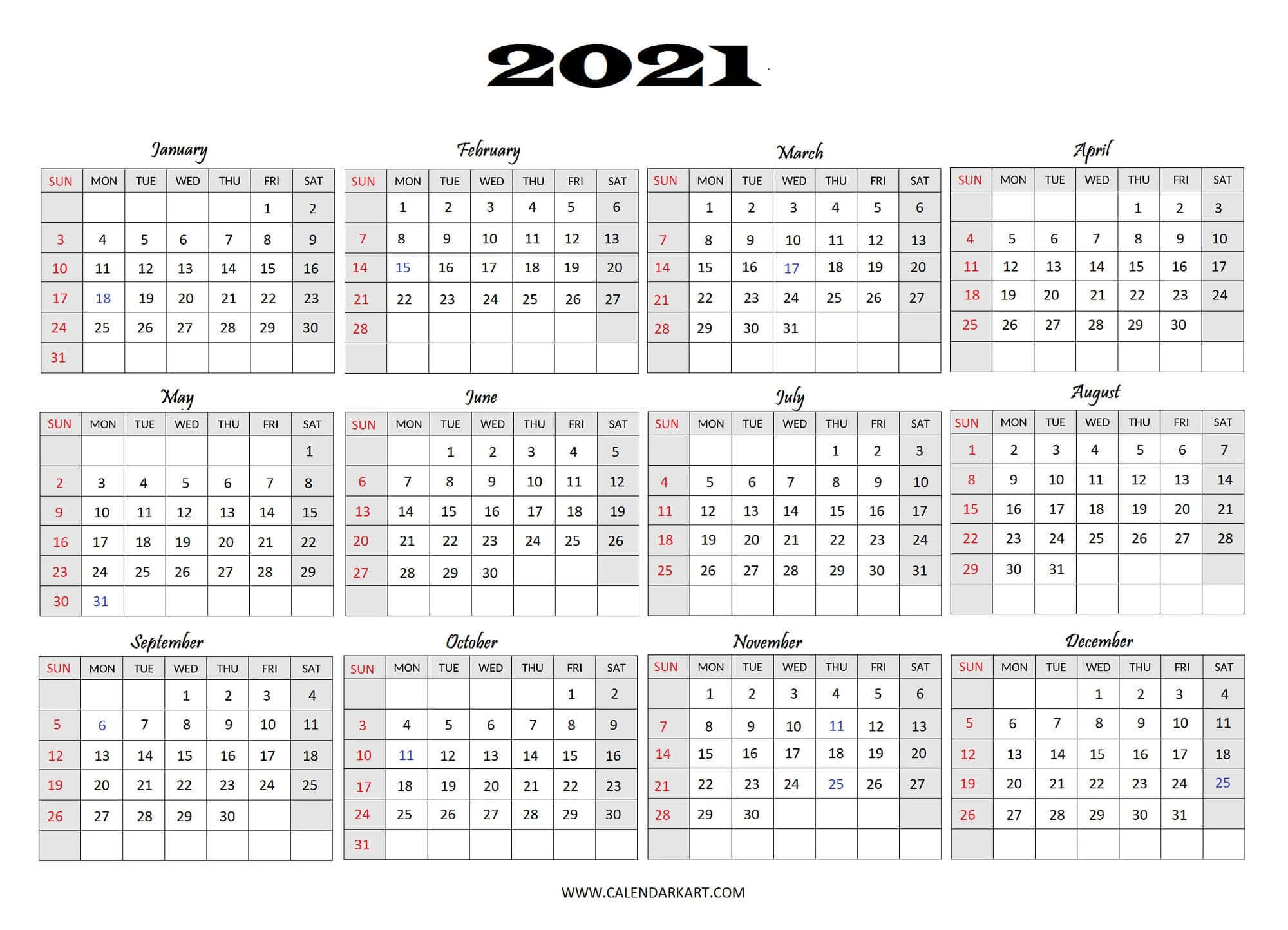 2021 Year At A Glance Printable | Free Letter Templates