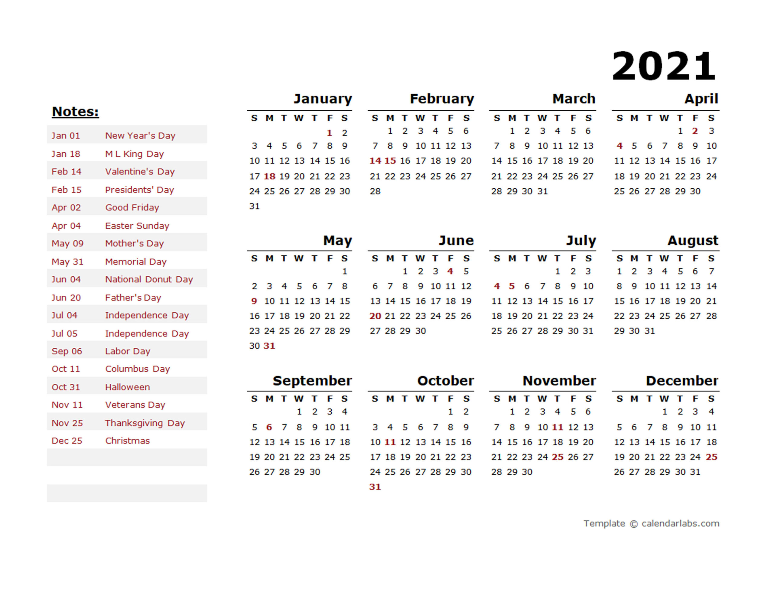 2021 Year Calendar Template With Us Holidays - Free