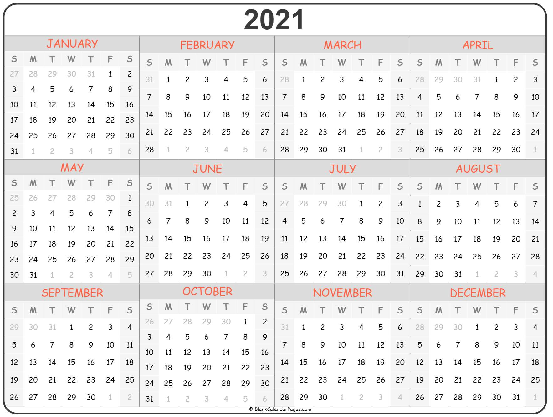 Printable Calendar 2021 With Larger Boxes