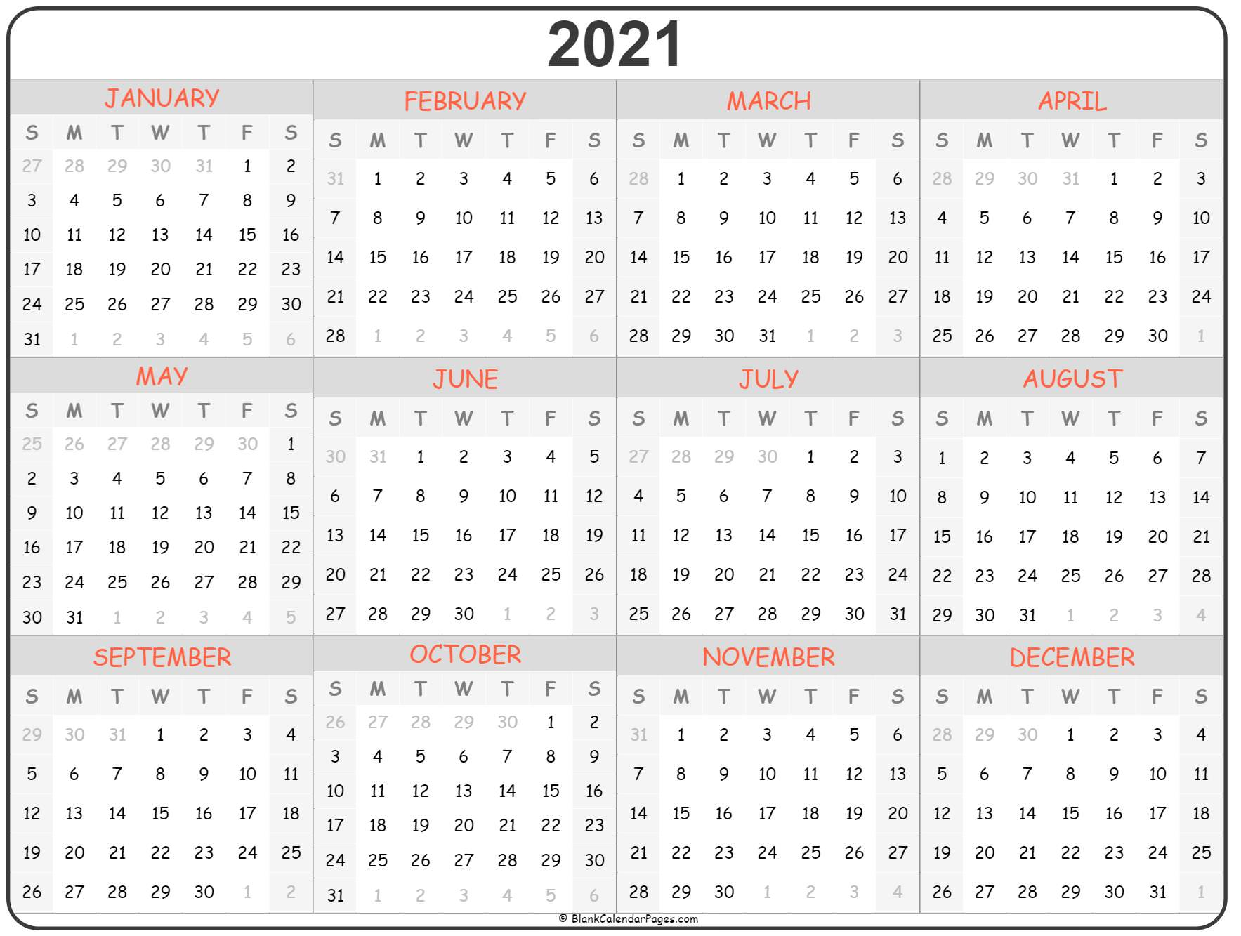 2021 Year Calendar | Yearly Printable