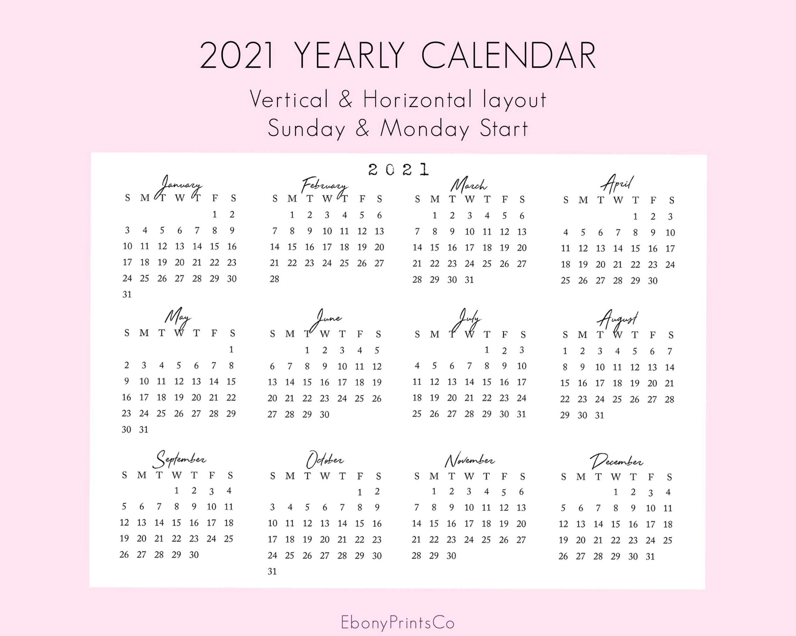 2021 Yearly Calendar | 12 Month Overview Printable | 2021