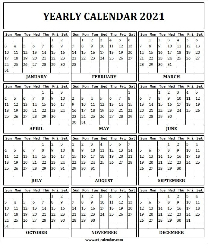 2021 Yearly Calendar Printable One Page - A4 Calendar