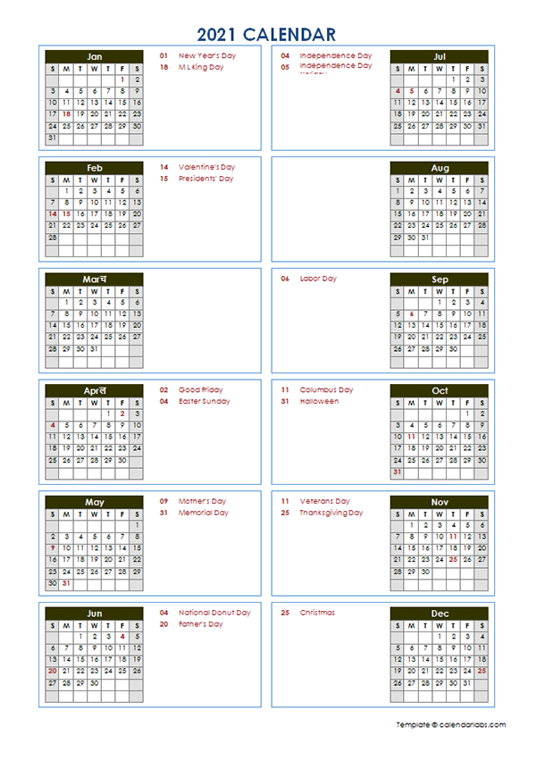 2021 Yearly Calendar Template Vertical Design - Free