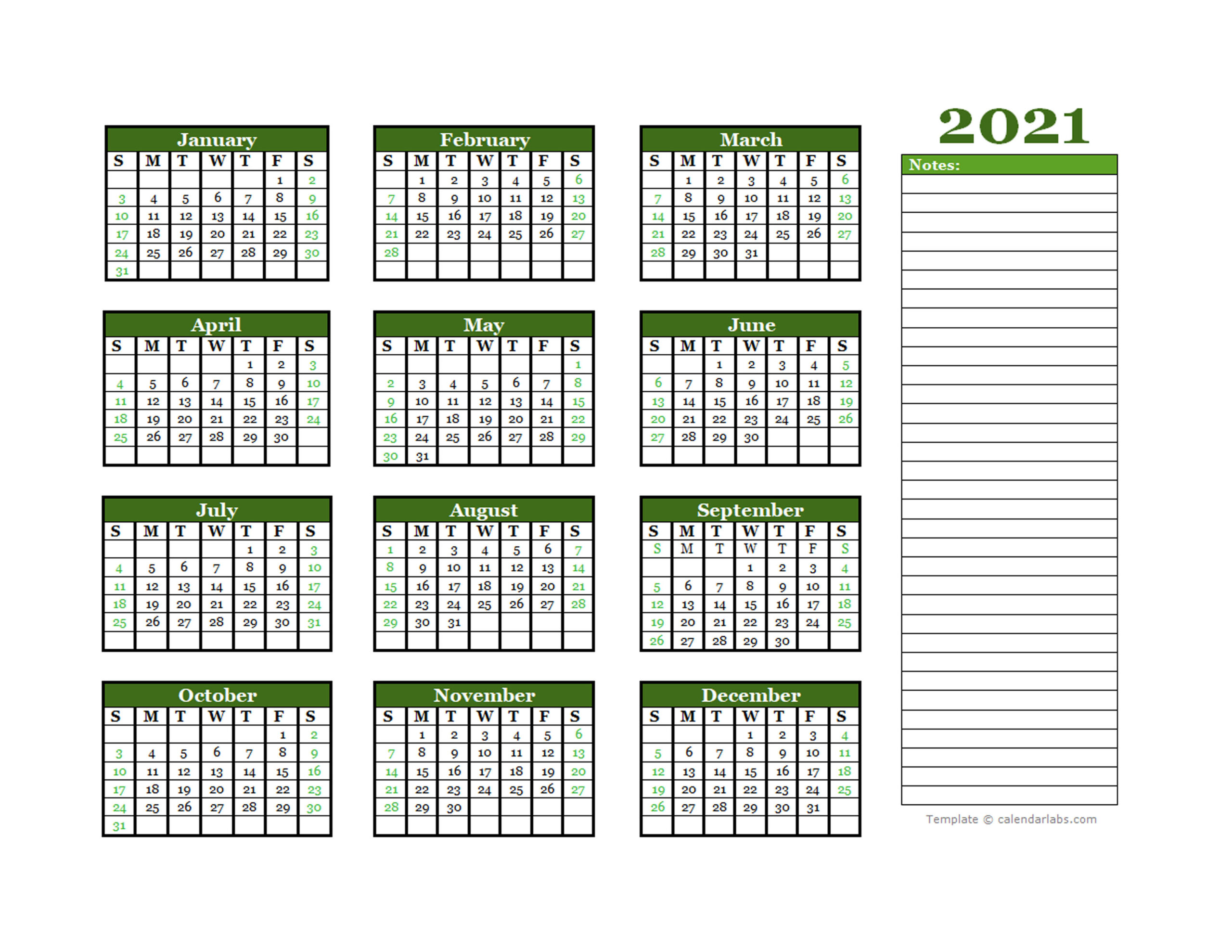 2021 Yearly Calendar With Blank Notes - Free Printable