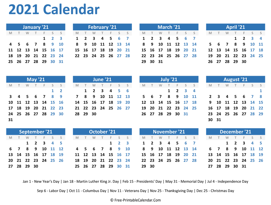 2021 Yearly Calendar With Holidays (Horizontal Layout)