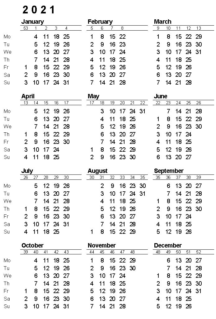 2021 Yearly Calendar With Week Numbers | Calendar With
