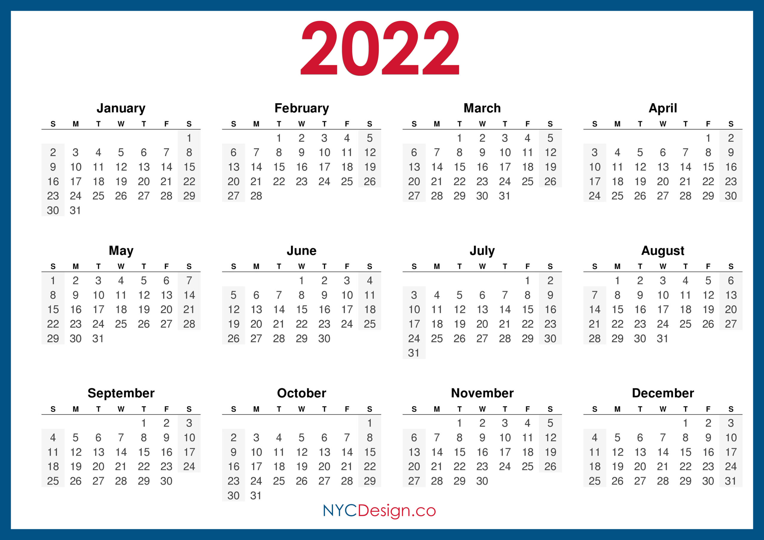 2022 Calendar Printable Free Horizontal Blue Hd