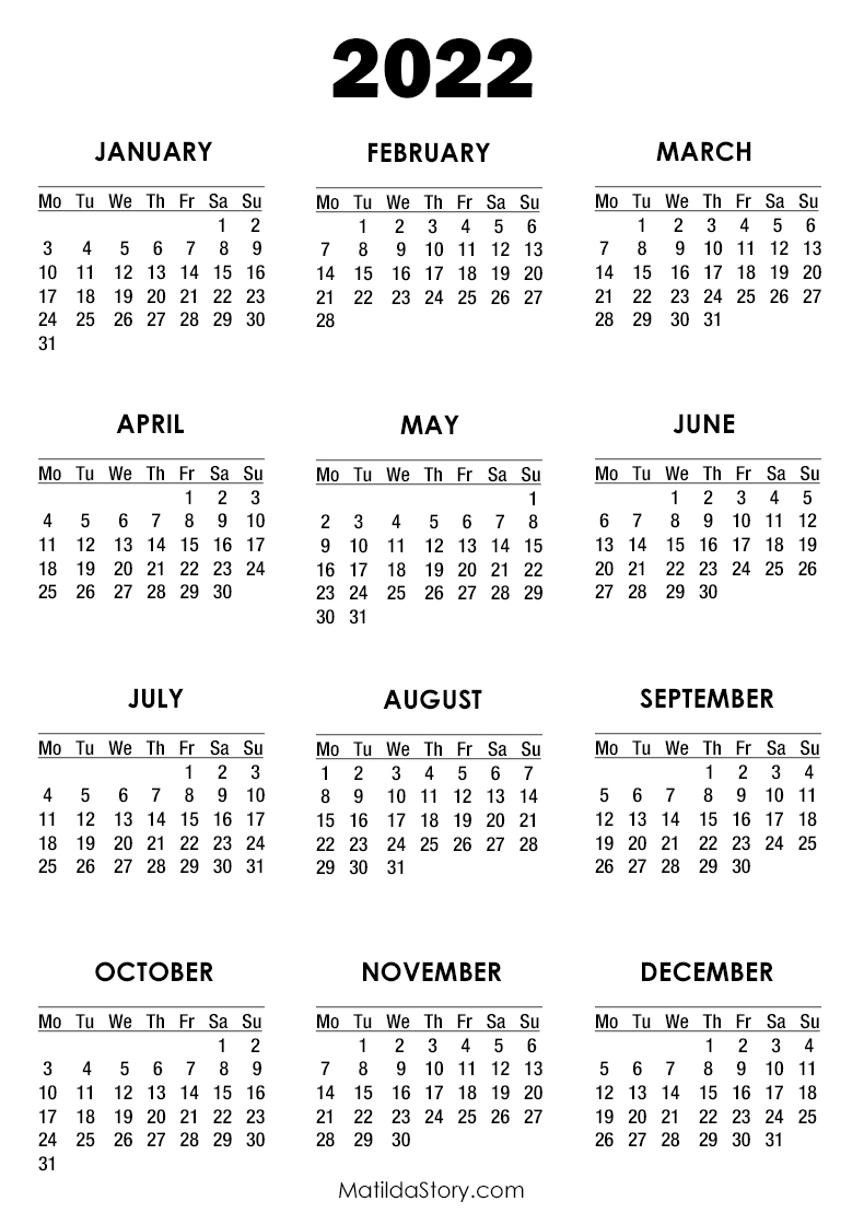 2022 Calendar Printable Free White - Monday Start