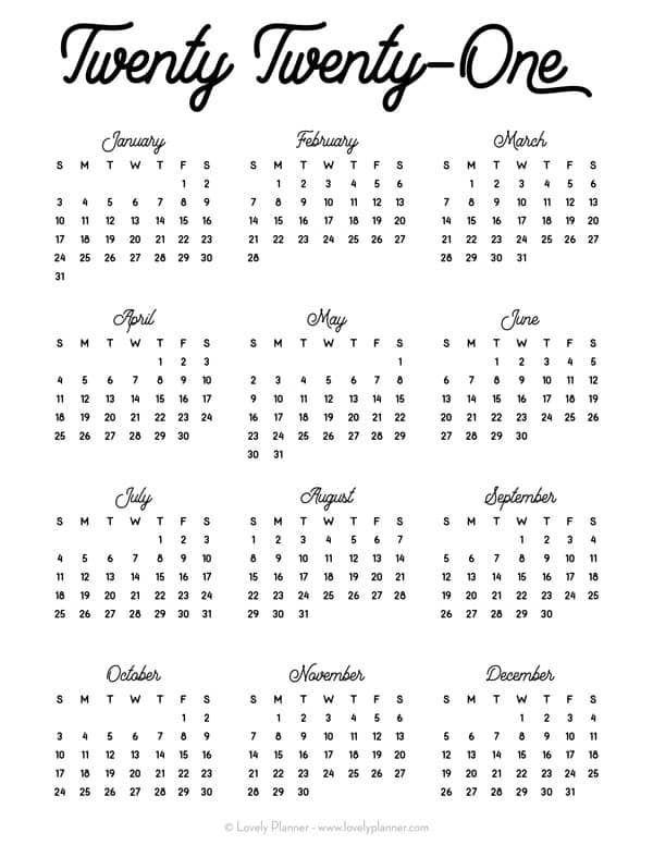 24 Pretty (&amp; Free) Printable One Page Calendars For 2021