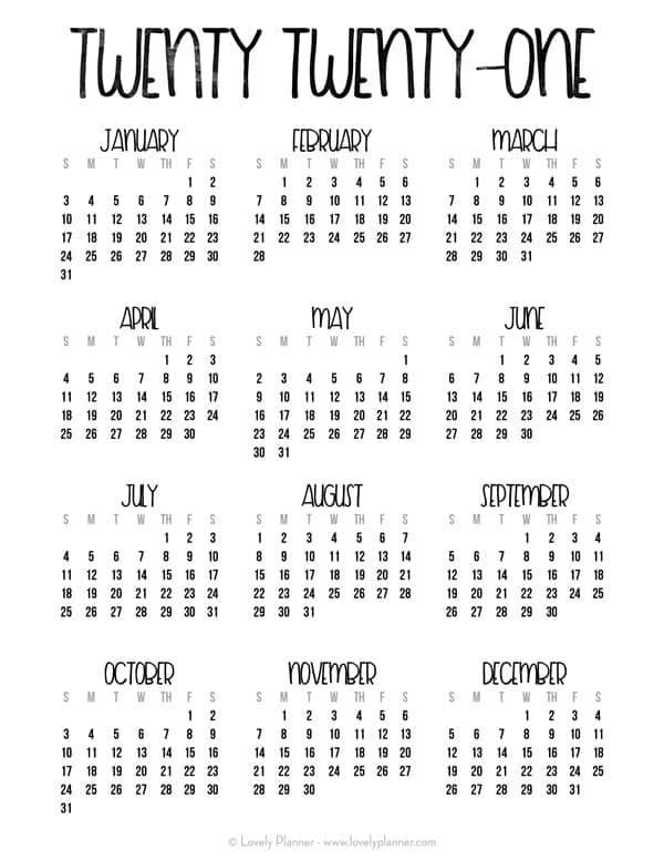 24 Pretty (&amp; Free) Printable One Page Calendars For 2021