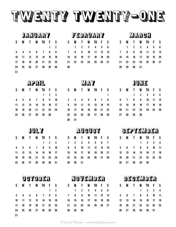 24 Pretty (&amp; Free) Printable One Page Calendars For 2021