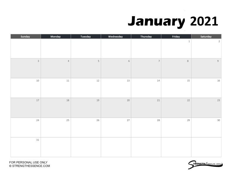 3 Free Printable January 2021 Calendar Pdf - Strength Essence