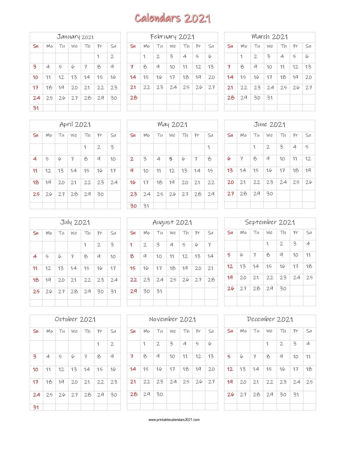 56+ Printable Calendar 2021 One Page Printable 2021
