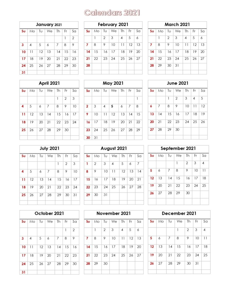 56+ Printable Calendar 2021 One Page Printable 2021