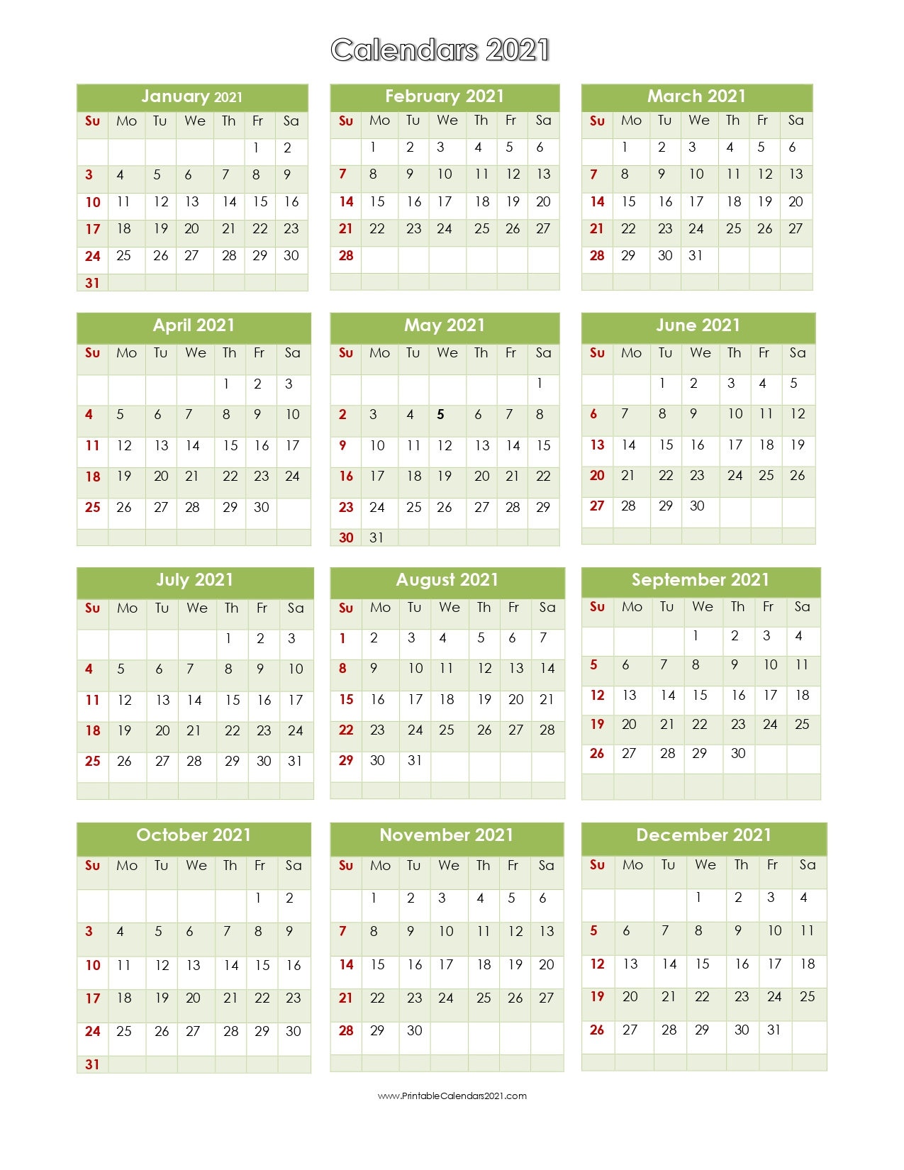 56+ Printable Calendar 2021 One Page Printable 2021