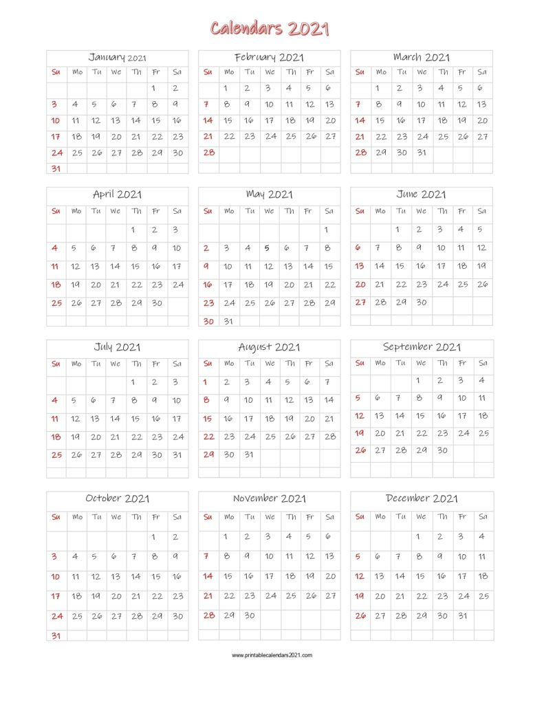 56+ Printable Calendar 2021 One Page Printable 2021