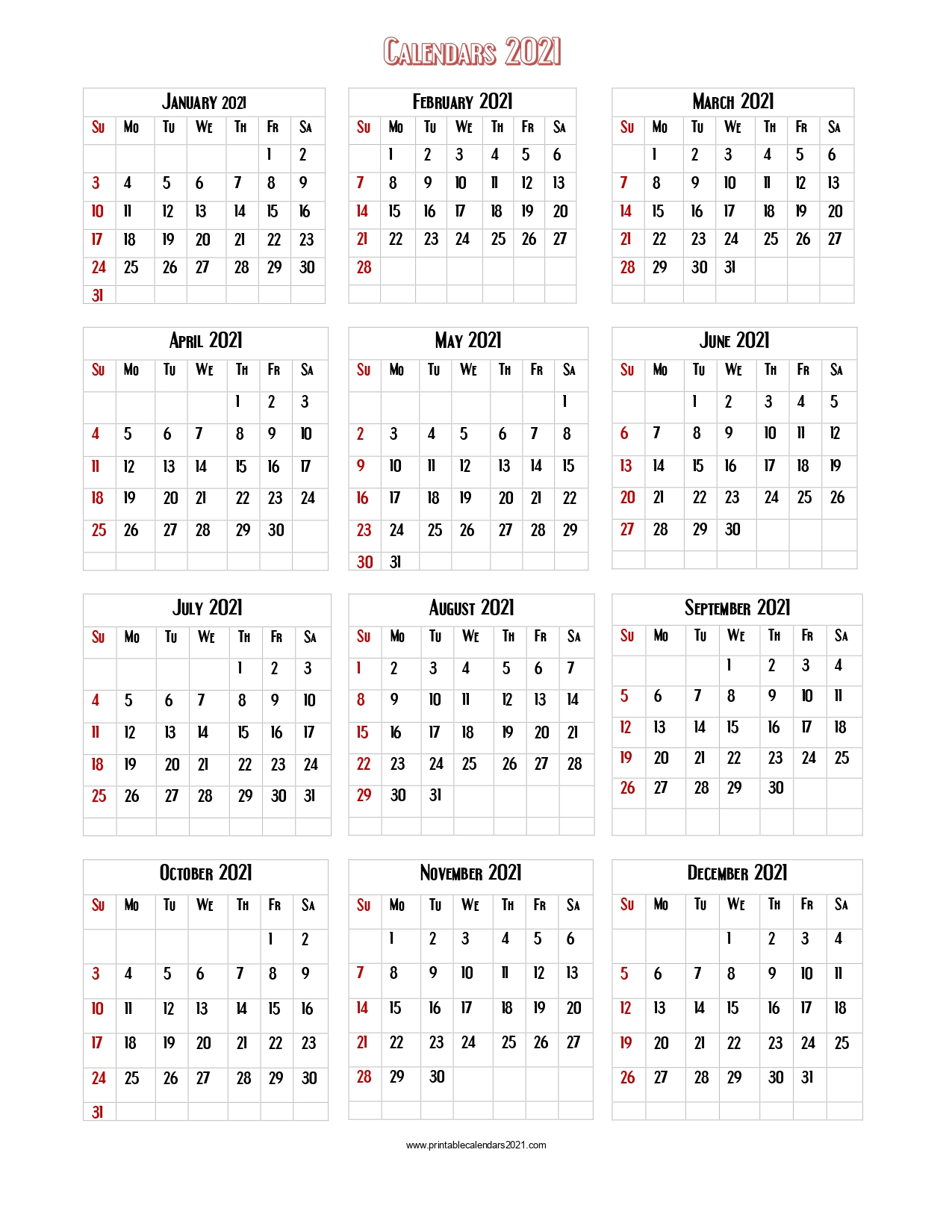 56+ Printable Calendar 2021 One Page Printable 2021