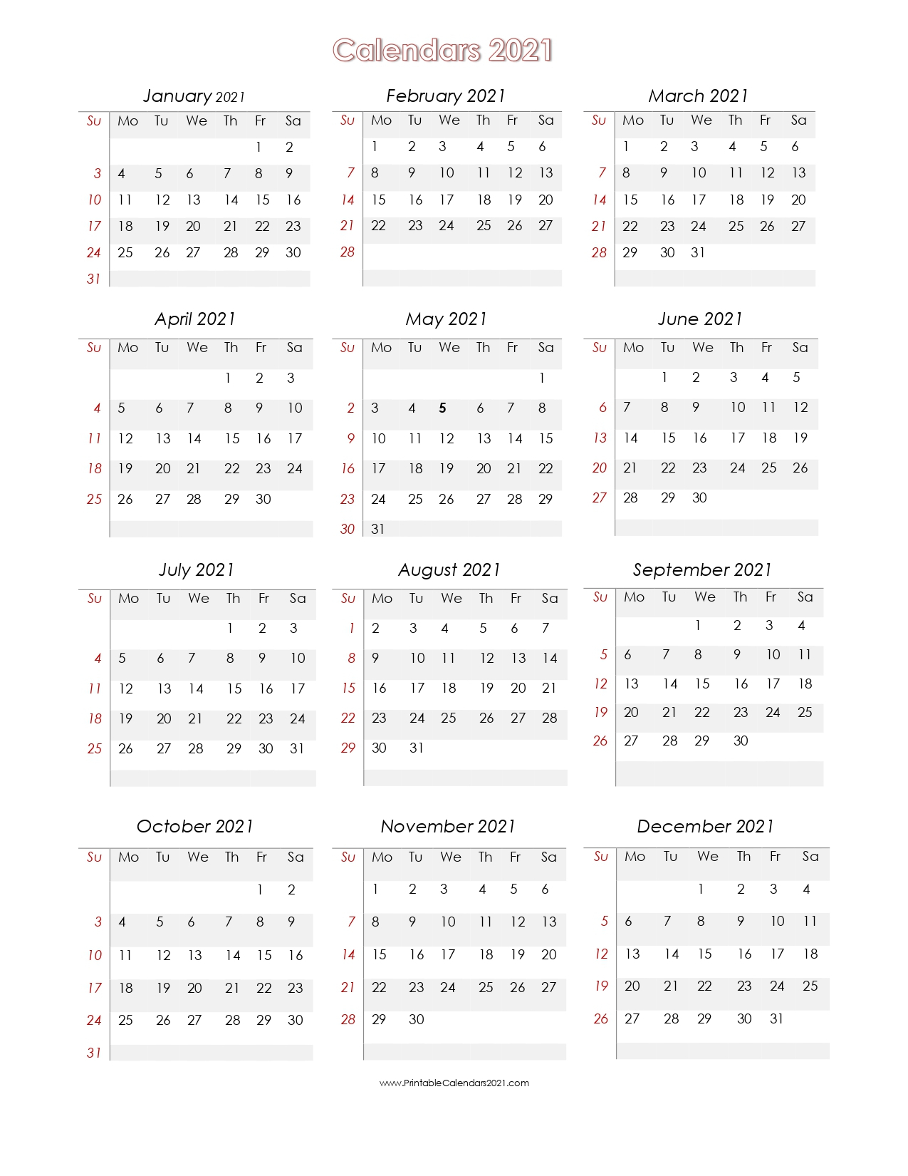 56+ Printable Calendar 2021 One Page Printable 2021 Yearly Calendar