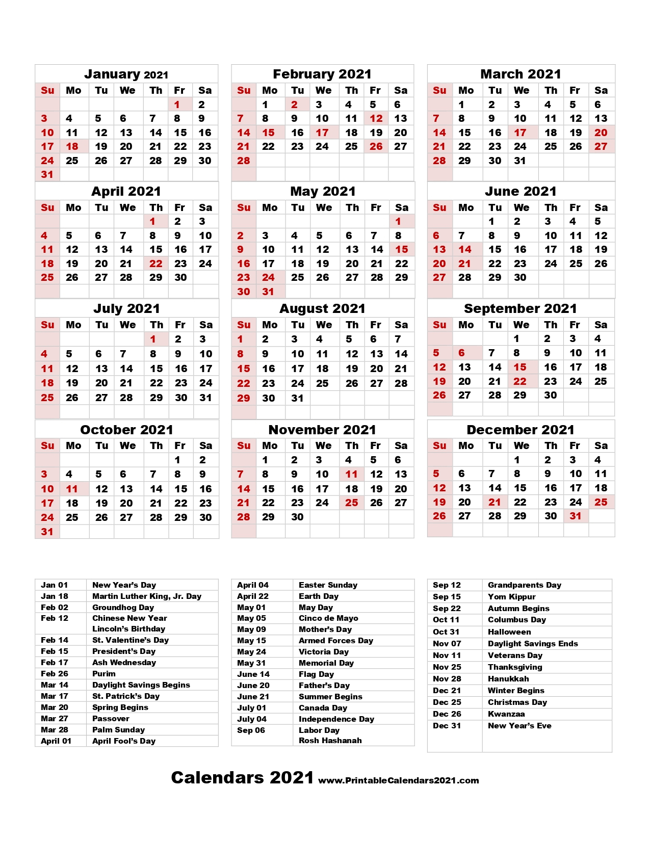 68+ Printable 2021 Yearly Calendar With Holidays Portrait