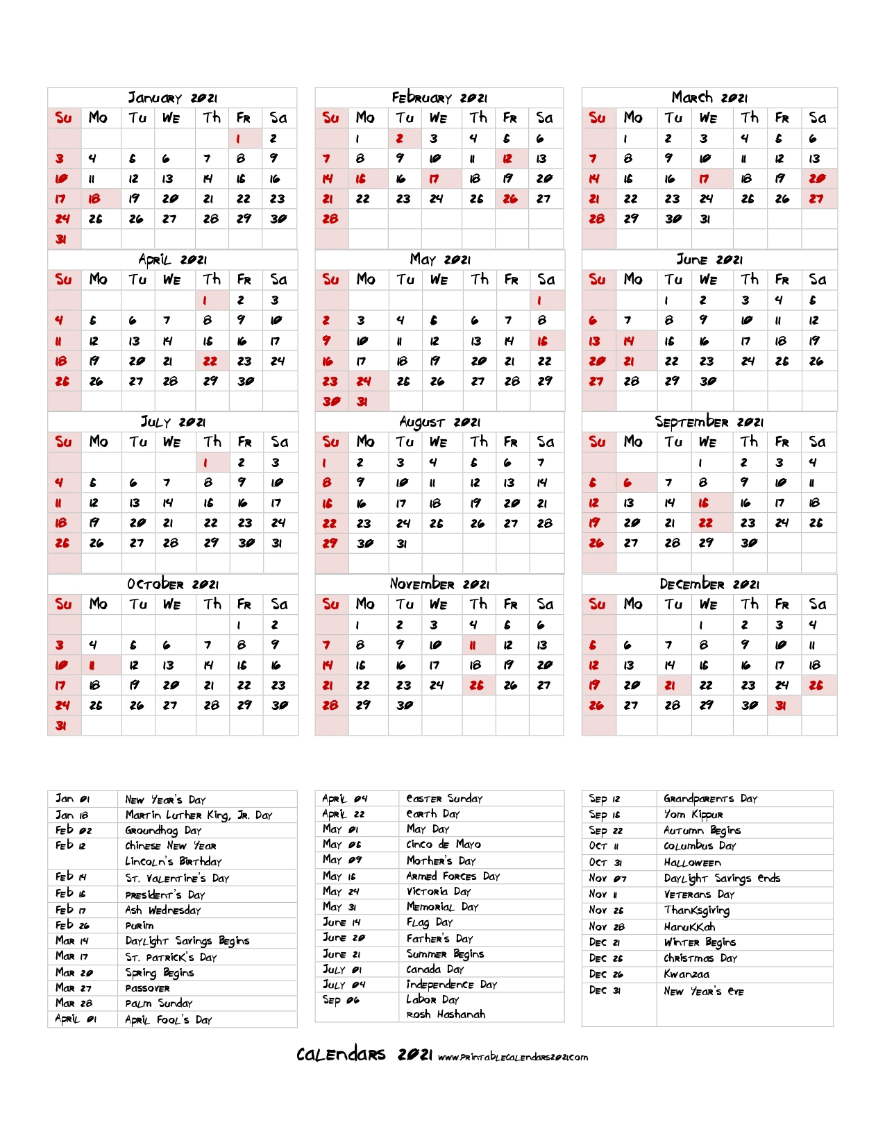 68+ Printable 2021 Yearly Calendar With Holidays Portrait