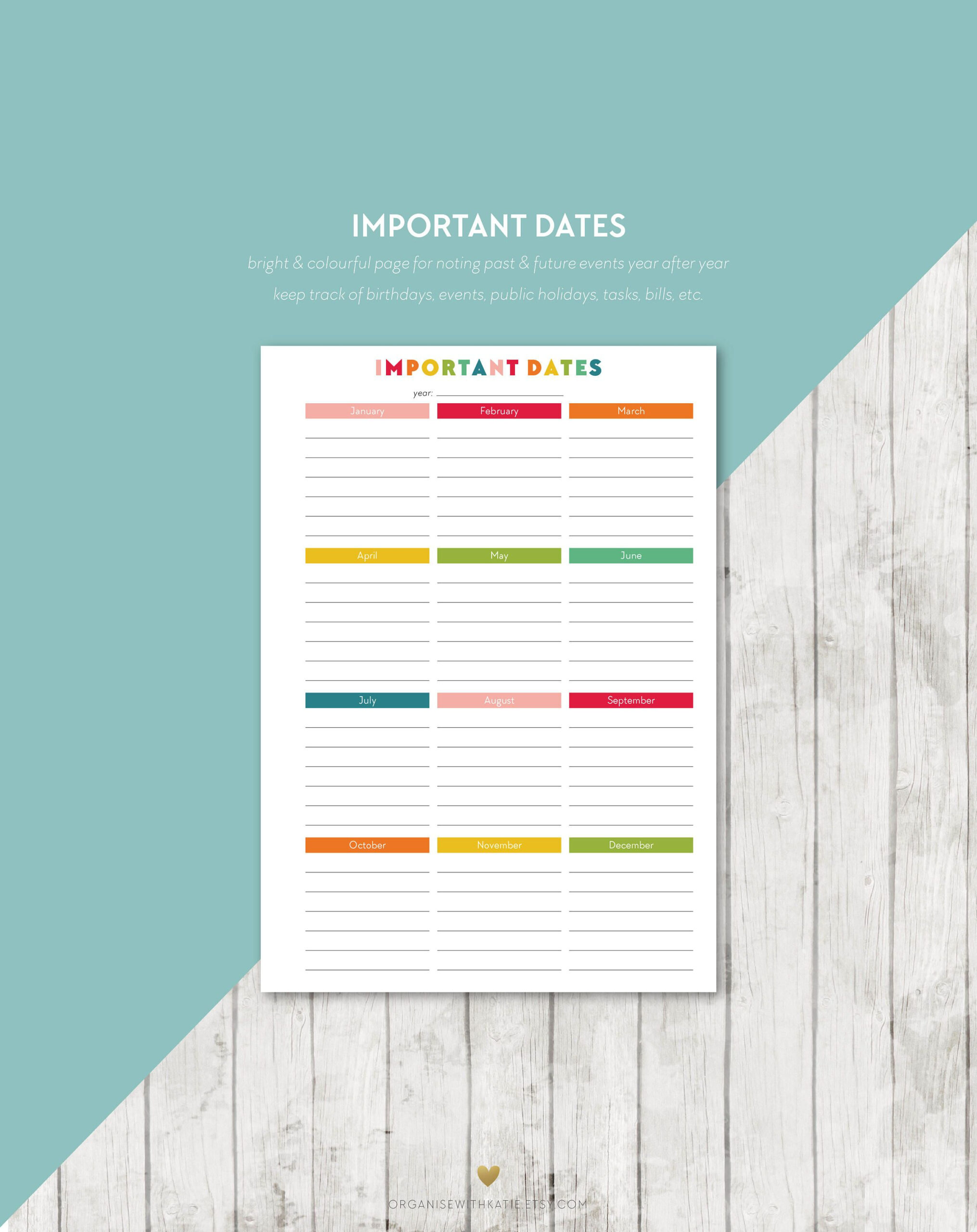 A5 Important Dates Year Overview Year Calendar Editable