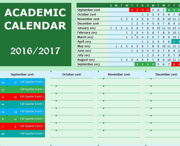 Academic Note Calendar - My Excel Templates