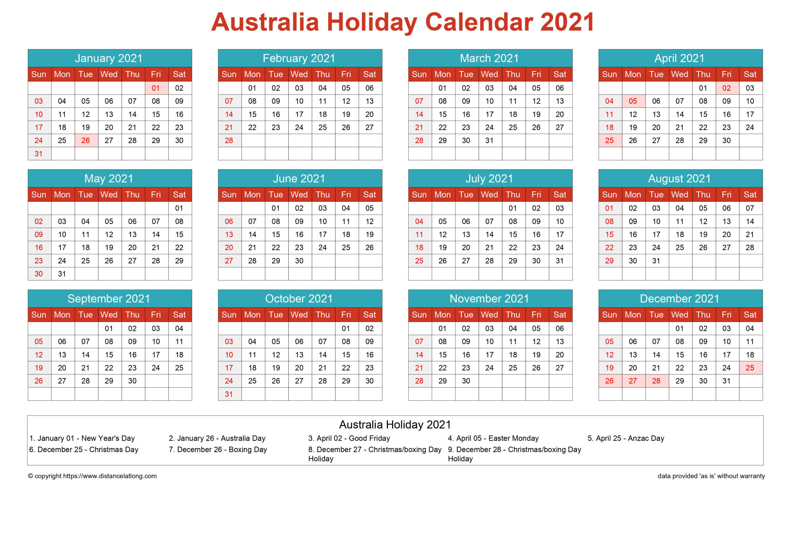 Australia Holiday Calendar Horizintal Grid Sunday To