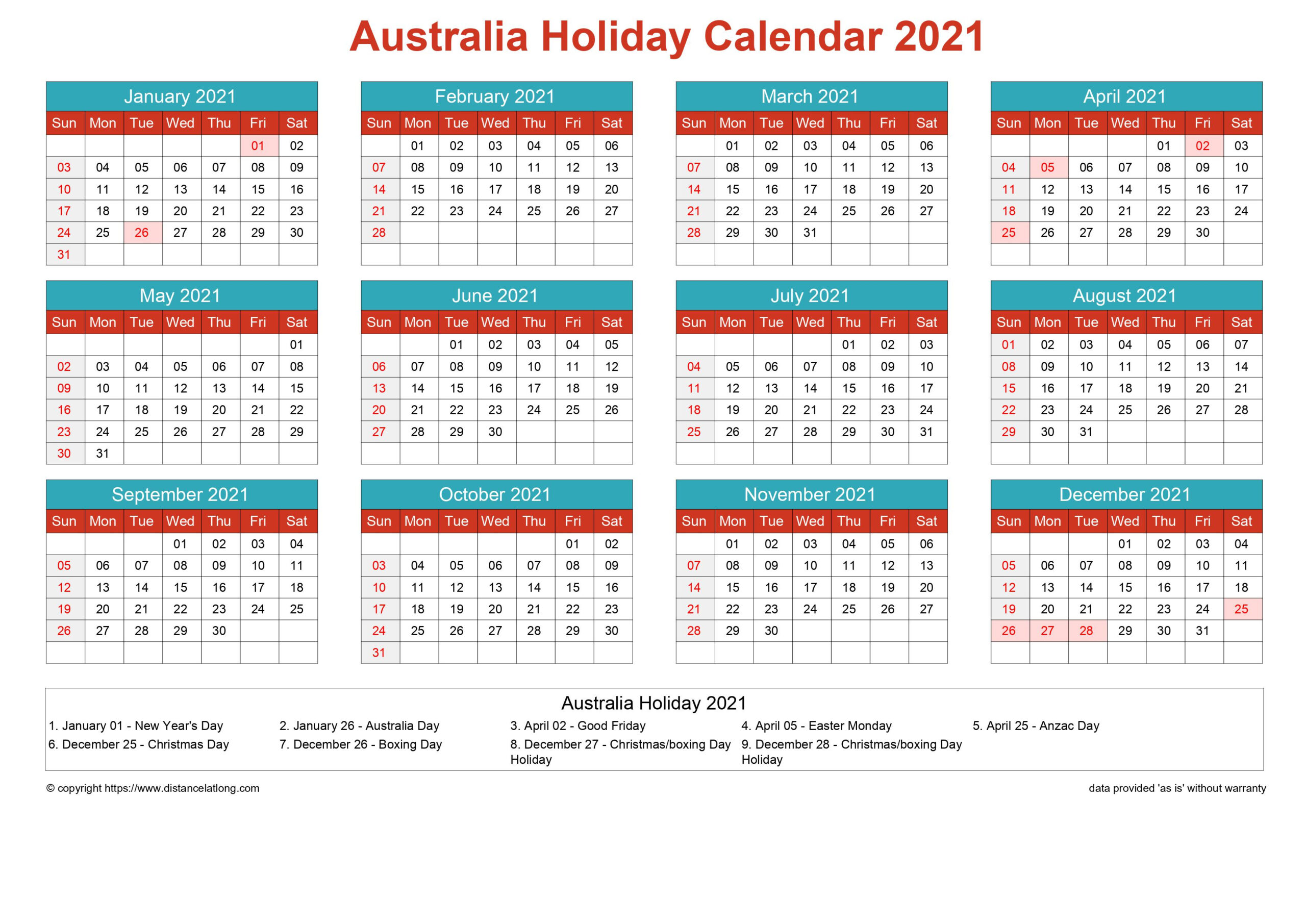 Year 2021 Calendar Australia