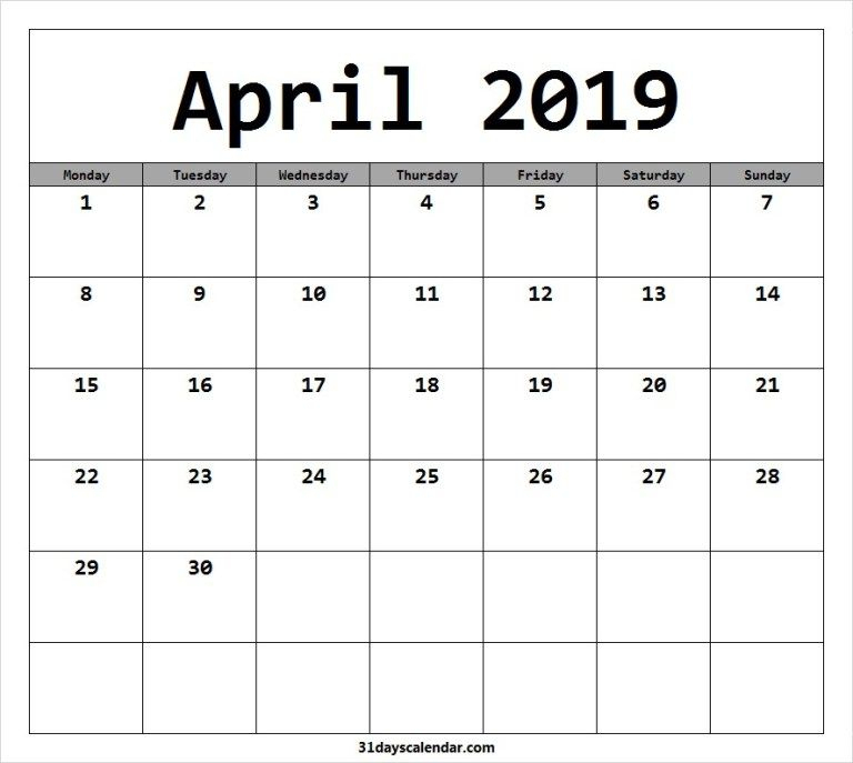 Available April 2019 Calendar Starting Monday | Calendar