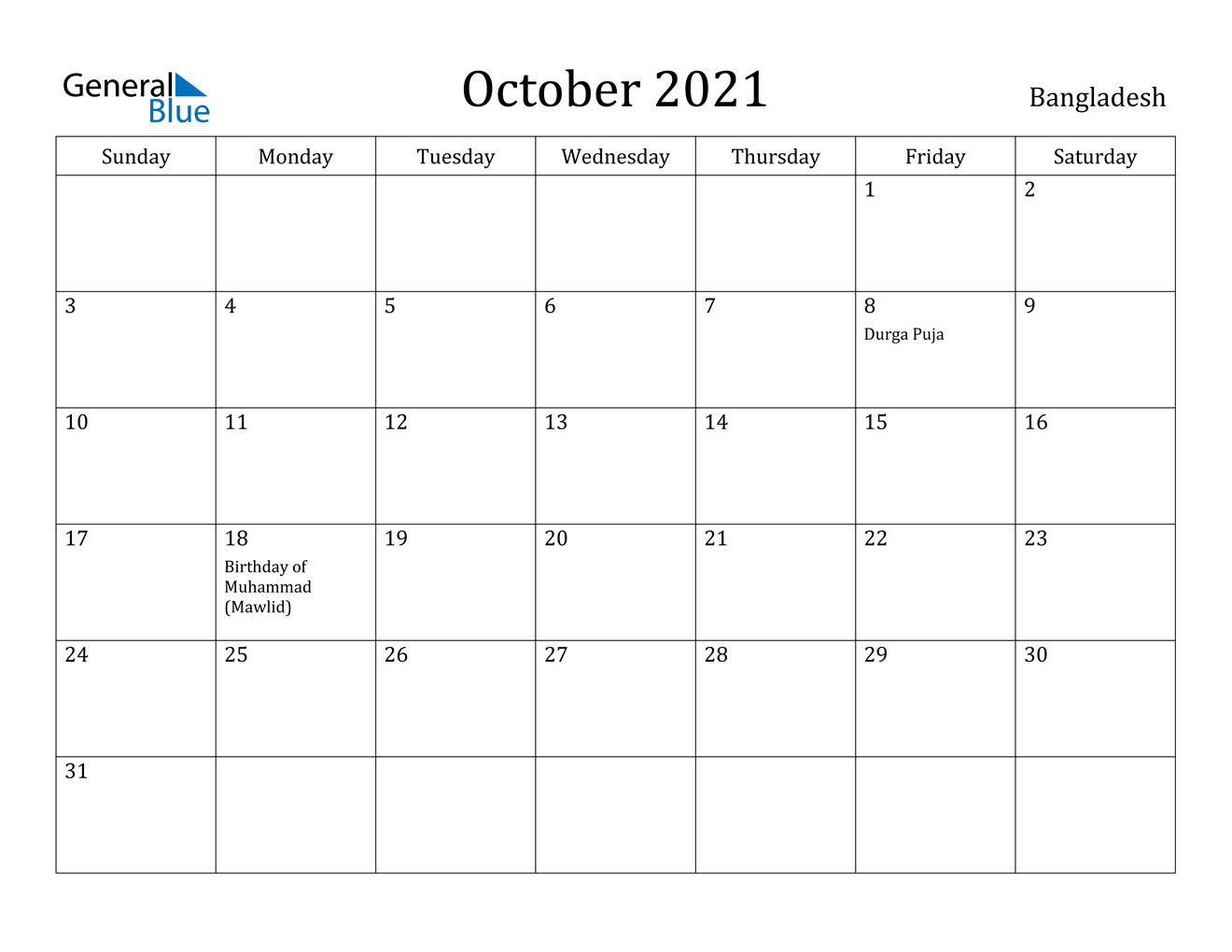 Bangladesh October 2021 Calendar With Holidays
