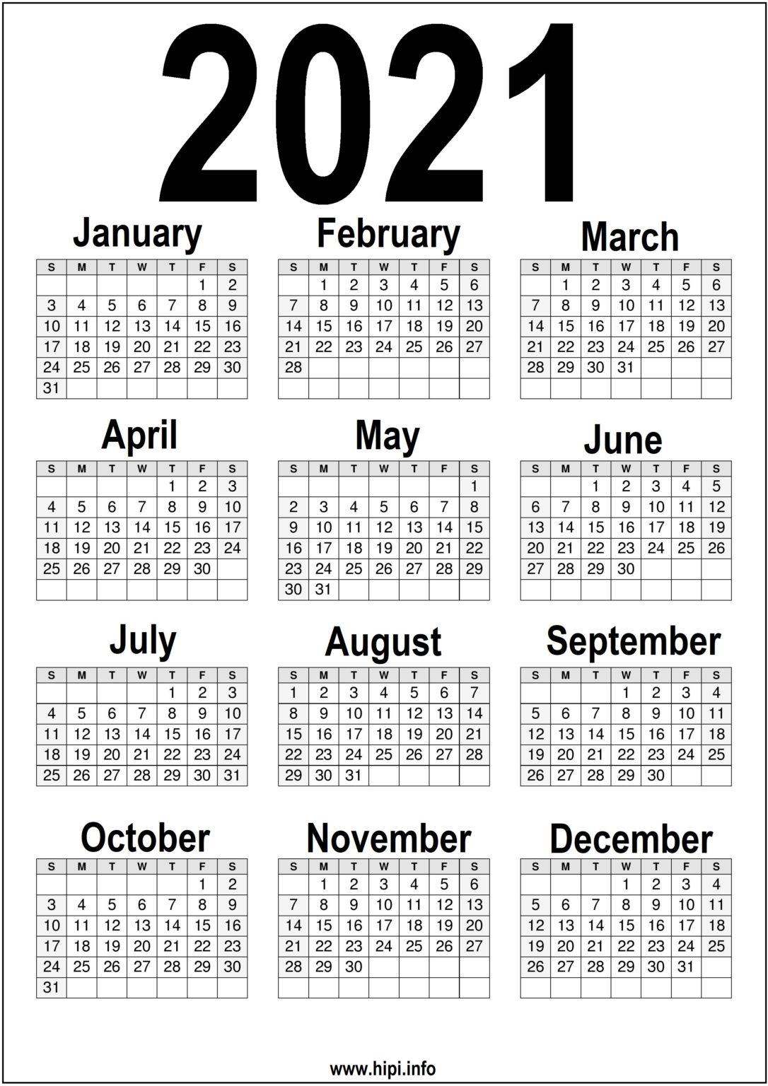 Black And White Printable 2021 Calendar - Hipi