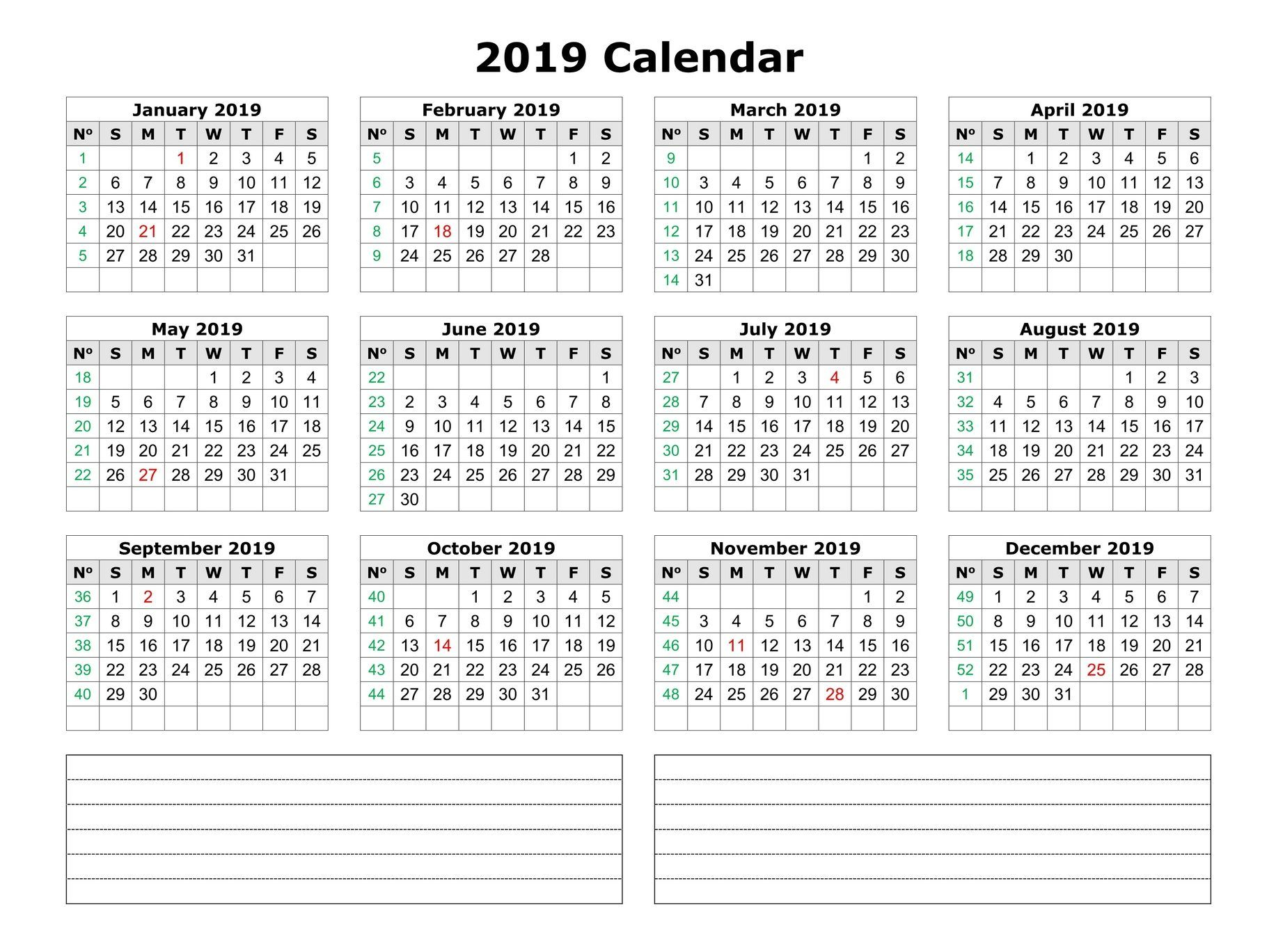 Blank Calendar 2019 With Notes Landscape Blank Calendar